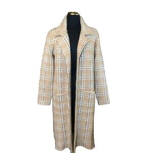 NWT Cyrus Womens Tan Beige Plaid Collared Size XL Long Sleeve Long Outwear Coat